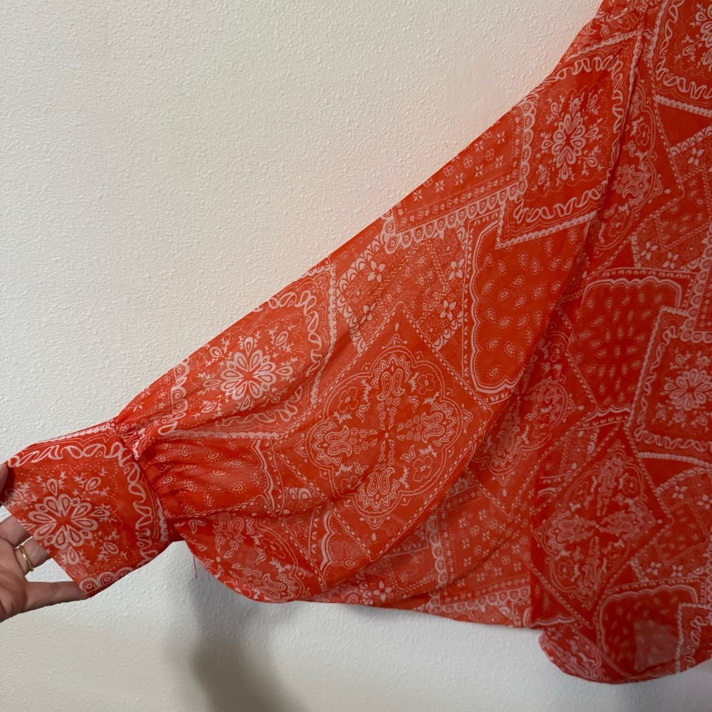 Free People Golden Hour Tie Front Kimono Orange Bandanna Print Sheer Dolman-OS - Picture 5 of 8